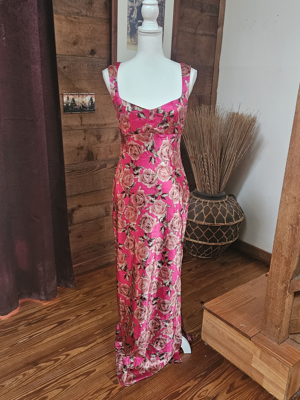 wild fable Hot Pink Floral Satin Maxi Dress